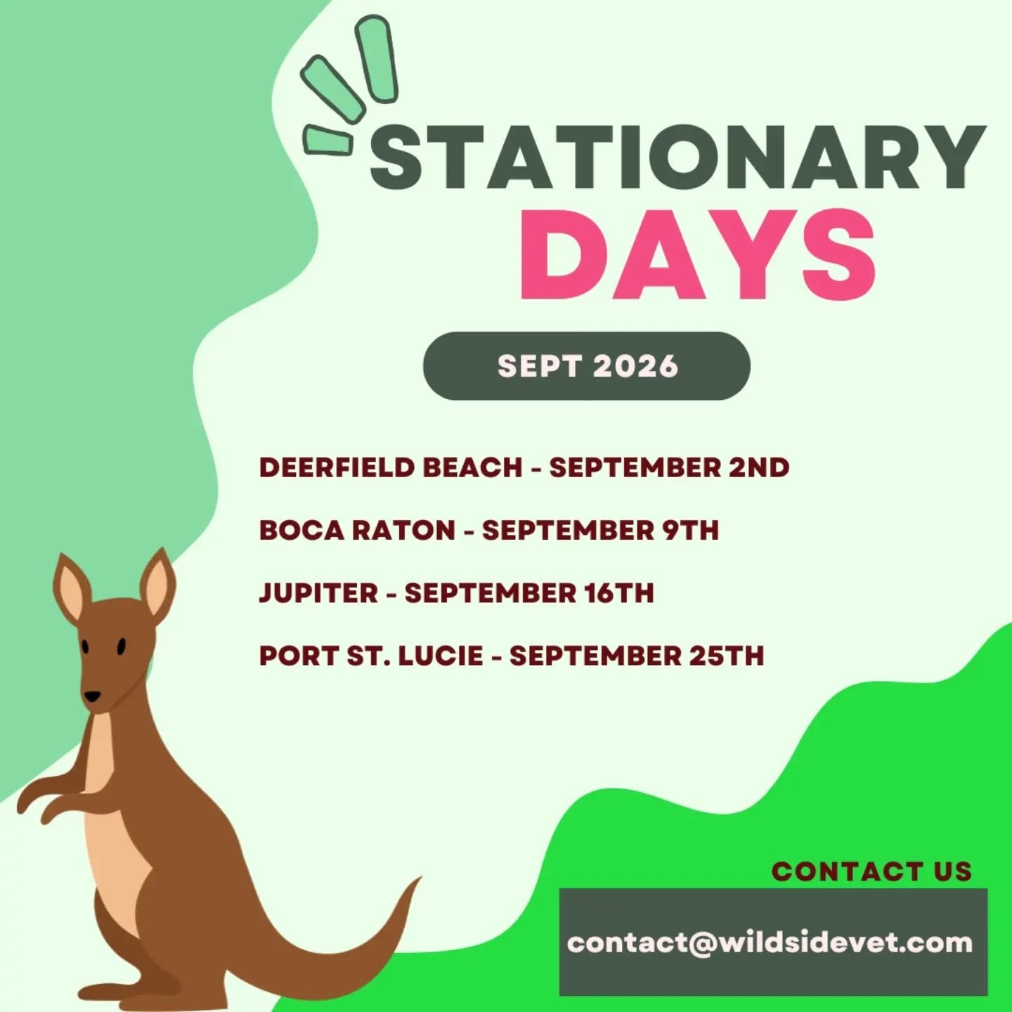 Ready for September's Stationary Days? We are!
Don’t miss out—appointments are limited and booked on a first-come, first-served basis!

How does it work?
On Stationary Days, we park at a set location so you can meet us there—meaning you get all the perks of mobile care at a reduced mobile fee!

We offer:
• Wellness exams
• General consultations
• Blood work
• Radiographs
• And so much more!

Spots fill up fast—contact us today to reserve yours!
Email: contact@wildsidevet.com
Call/Text: 954-681-5599