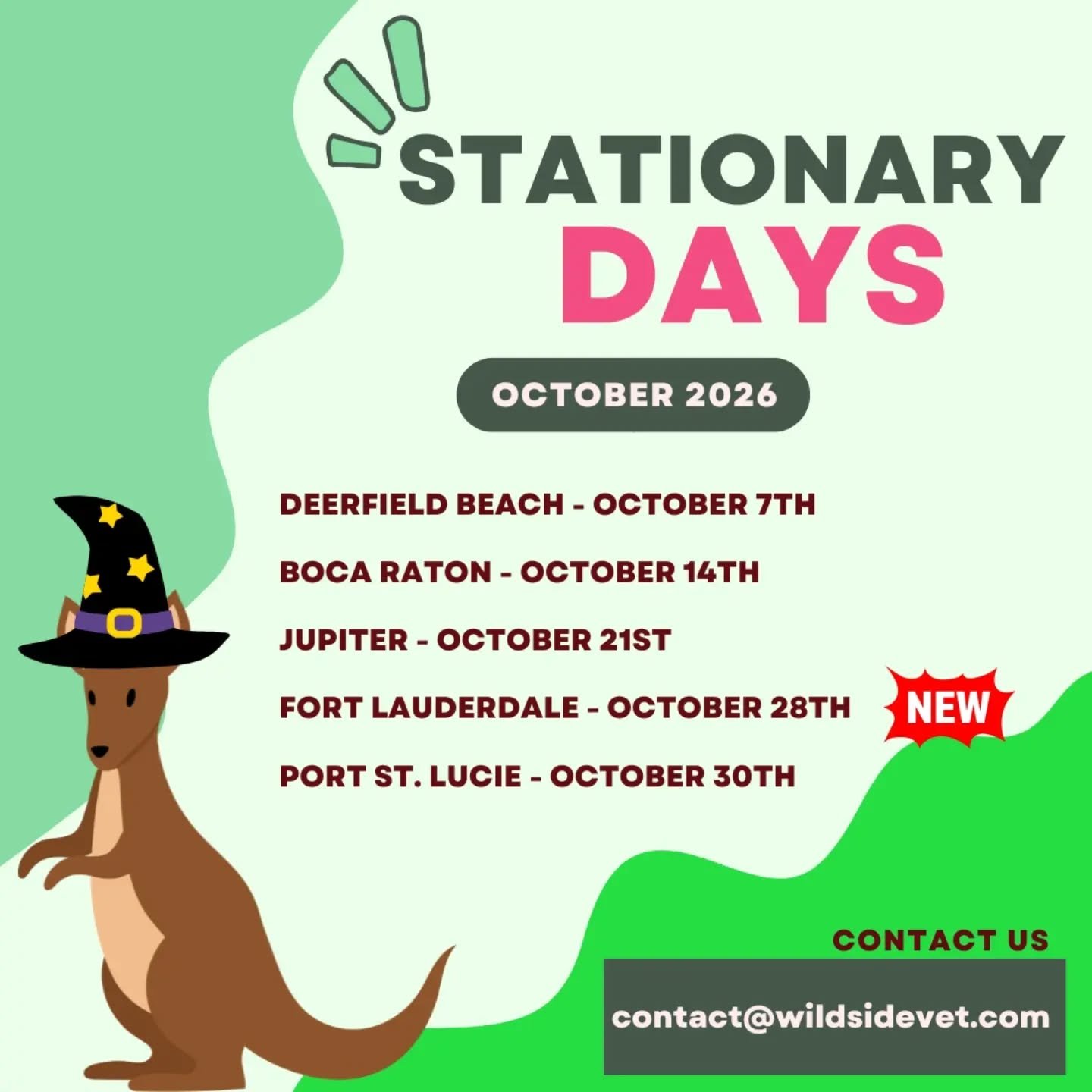 Ready for October's Stationary Days? We are!
Don’t miss out—appointments are limited and booked on a first-come, first-served basis!

How does it work?
On Stationary Days, we park at a set location so you can meet us there—meaning you get all the perks of mobile care at a reduced mobile fee!

We offer:
• Wellness exams
• General consultations
• Blood work
• Radiographs
• And so much more!

Spots fill up fast—contact us today to reserve yours!
Email: contact@wildsidevet.com
Call/Text: 954-681-5599